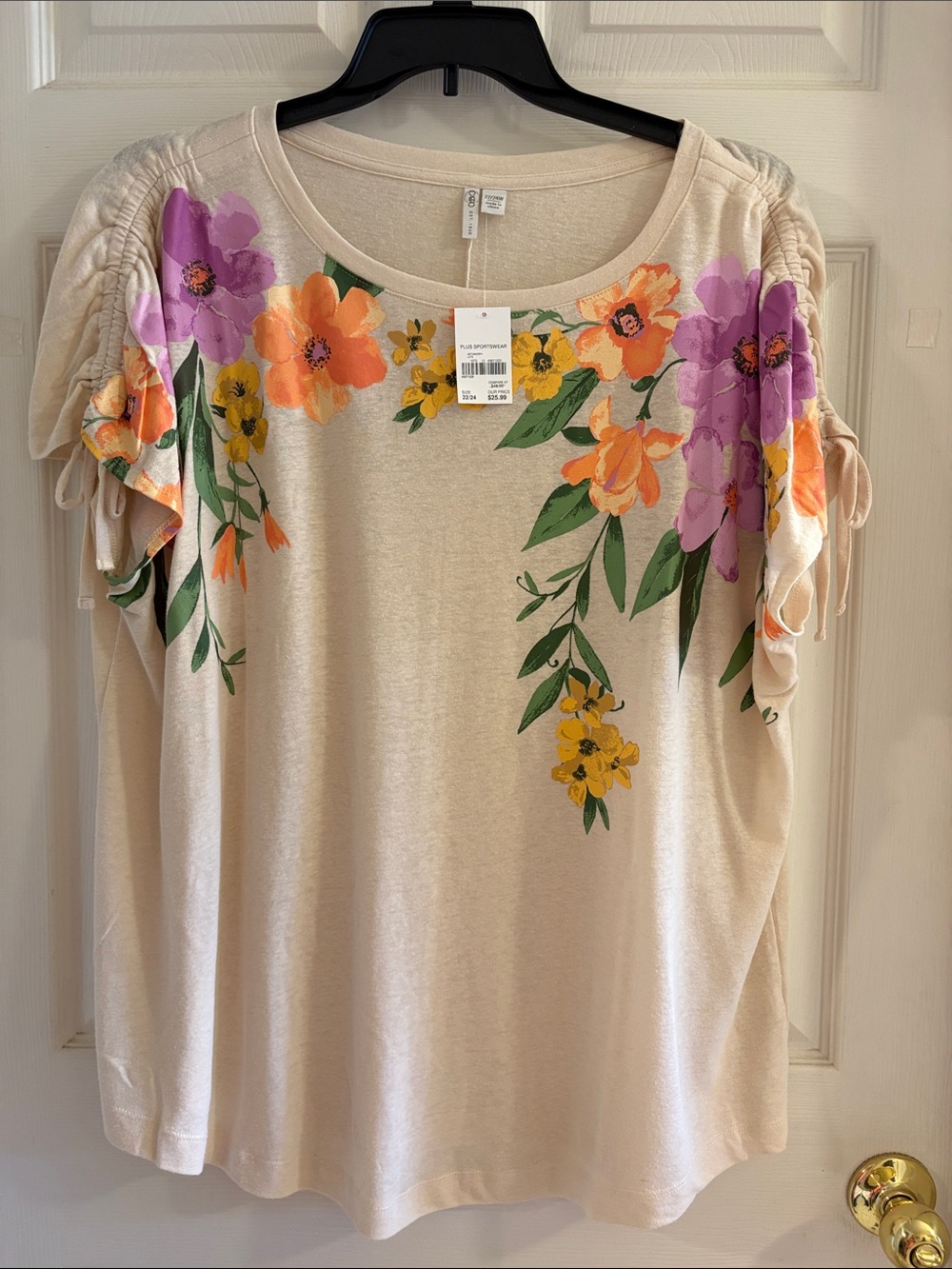 Cato Cream Scoop Neck Floral Tie-Sleeve Top with Purple & Orange Blooms